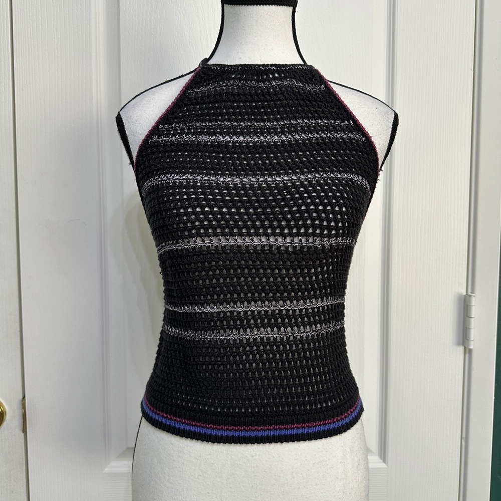 Free People Crochet Halter Top Womens XS Striped Linen Blend Boho Festival Y2K - Picture 8 of 9